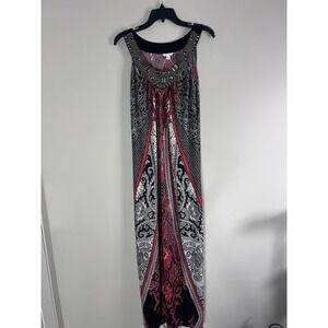 Est. 1946 Women Red Black Paisley Beaded Neckline Maxi Dress Large NEW